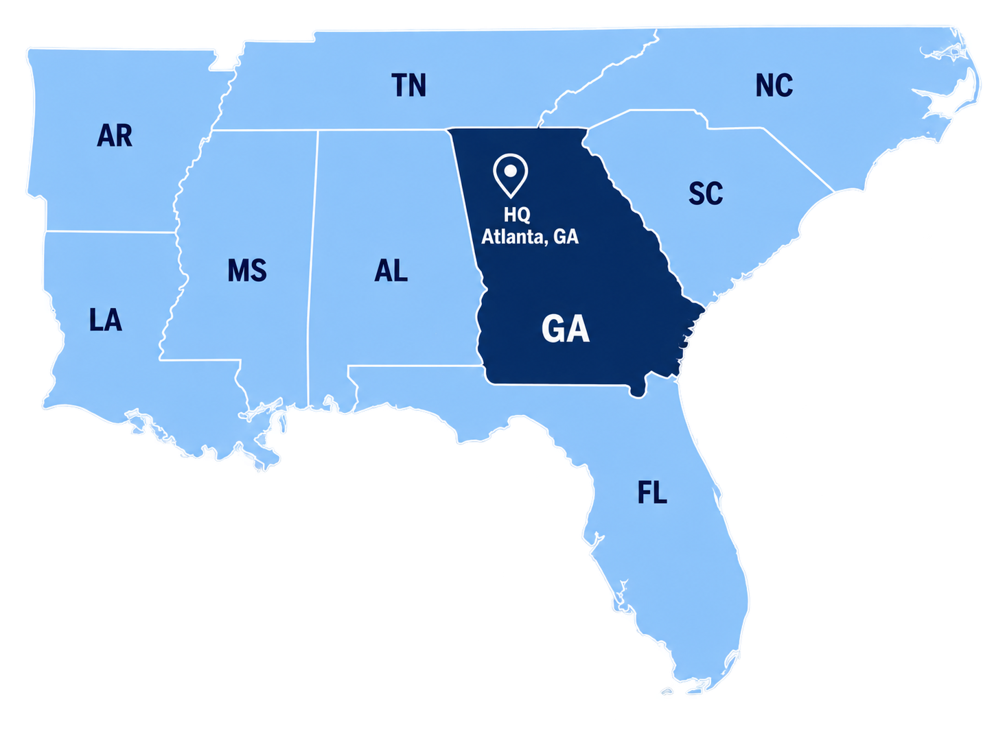 Map of the Southeast United States highlighting Atlanta, GA headquarters