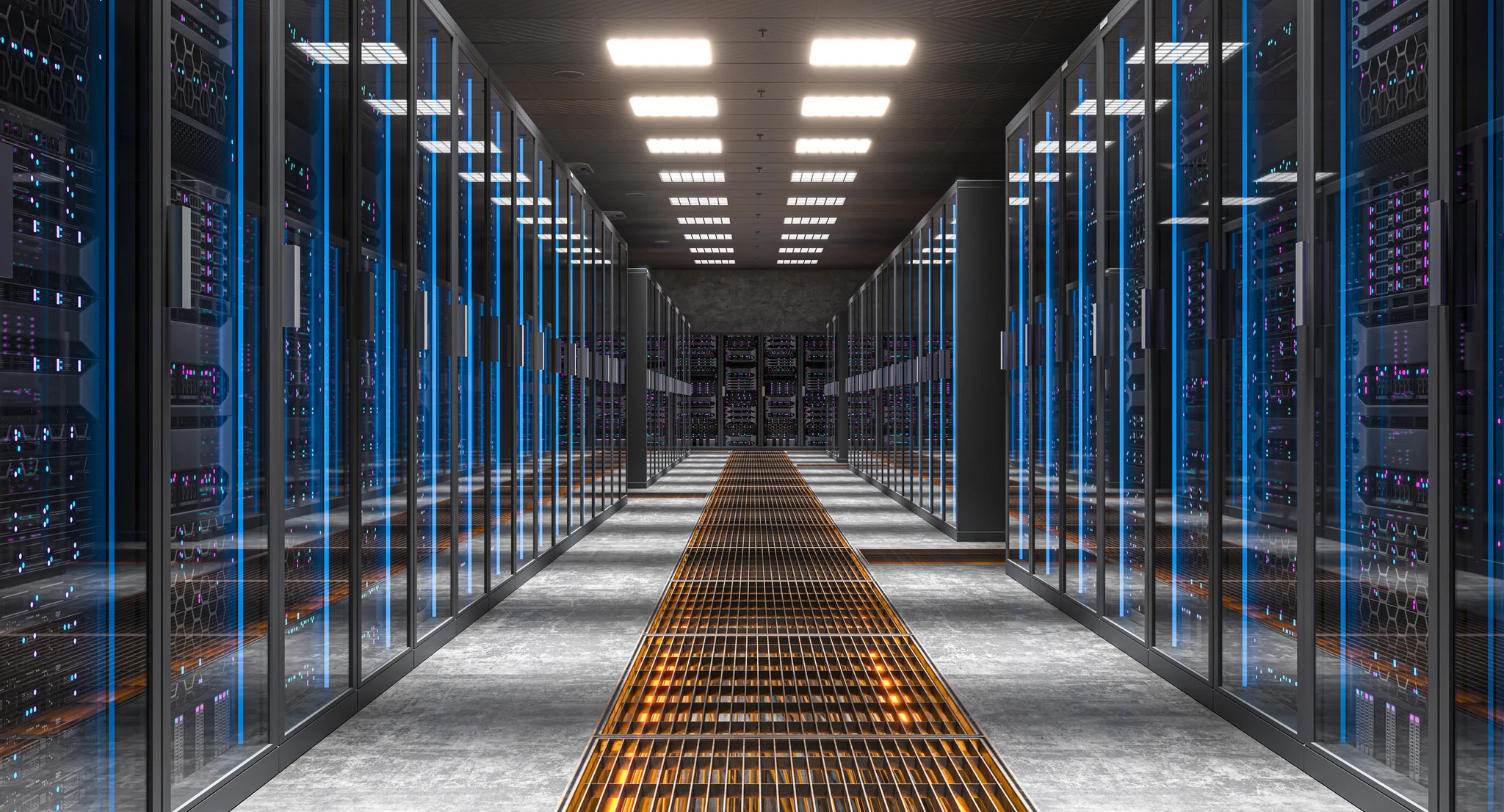 Server racks lining a data center aisle