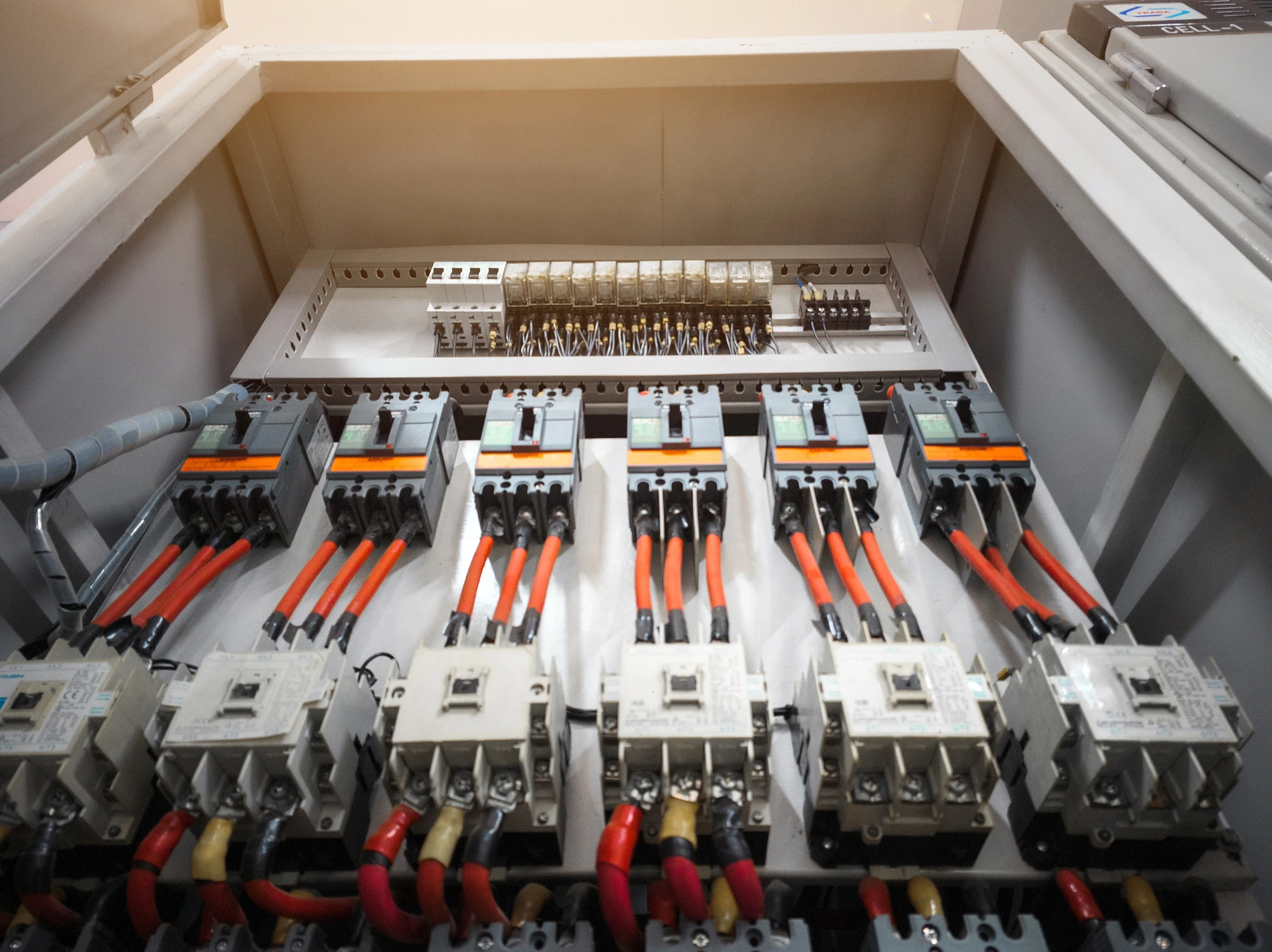 Circuit breakers and wiring inside an electrical distribution panel