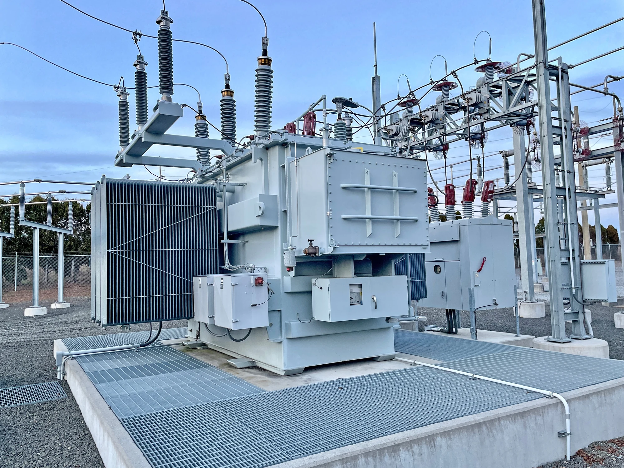 High-voltage transformer and switchgear at a power facility